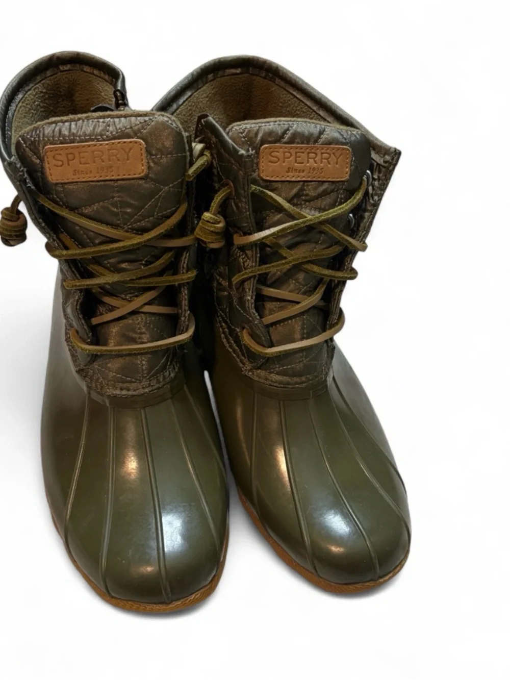 Sperry Saltwater Quilted Nylon Duck Boots Olive Green Waterproof Women's Size 9